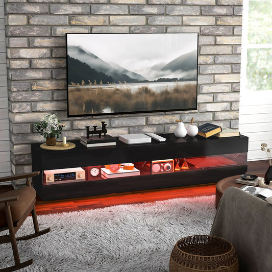 Lighted TV Stand for 75" TVs, TV Cabinet with Storage, High Gloss, Black TV Stands High Gloss Black at Gallery Canada