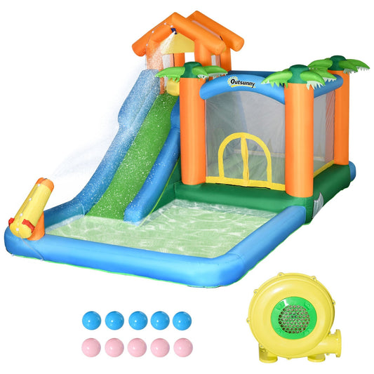 Large Bounce House w/ Inflatable Water Slide, Summer Theme Jumping Castle w/ Trampoline, Water Pool, Climbing Wall, 450W Air Blower for Kids Age 3-8 - Gallery Canada