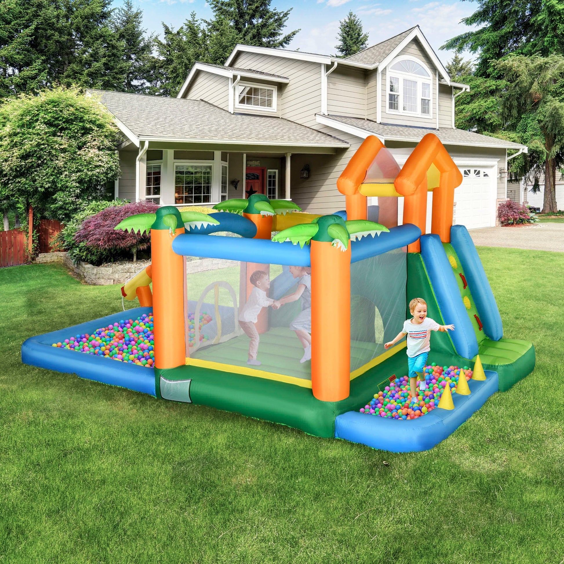 Large Bounce House w/ Inflatable Water Slide, Summer Theme Jumping Castle w/ Trampoline, Water Pool, Climbing Wall, 450W Air Blower for Kids Age 3-8 at Gallery Canada