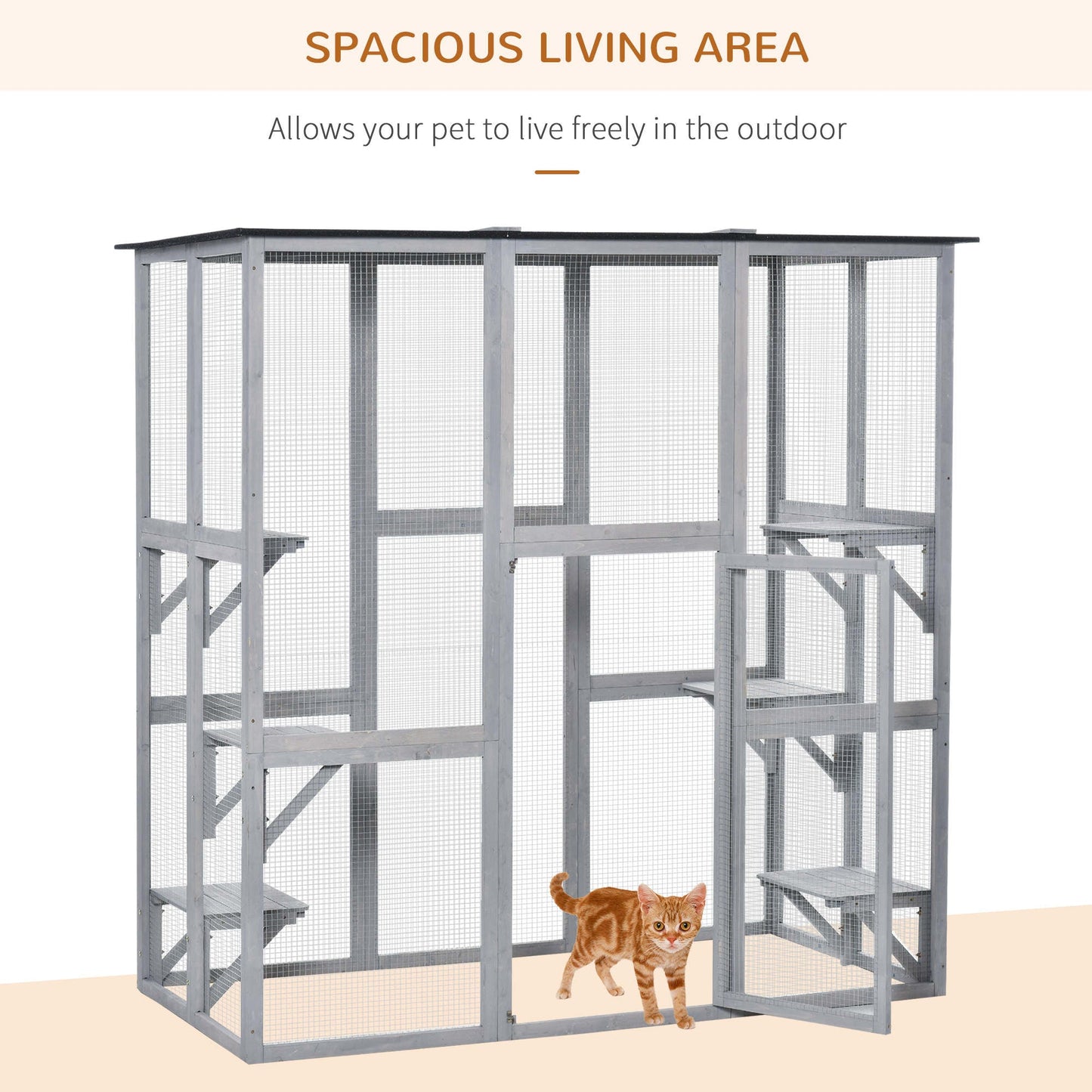 Large Outdoor Catio Enclosure, Weatherproof Cat House with Asphalt Roof, Wooden Cat Patio Cage with 6 Balanced Platforms, 71" x 39" x 71", Grey at Gallery Canada