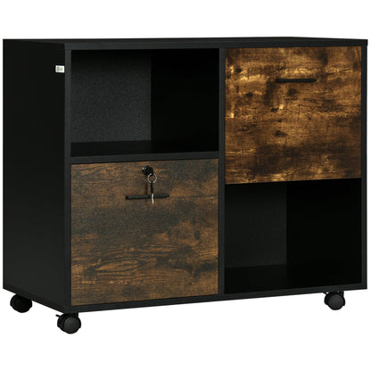 Lateral File Cabinet with Drawers and Lock, Mobile Printer Stand, Filing Cabinet with Open Shelves and Wheels for Letter and A4 Size Documents, Rustic Brown at Gallery Canada