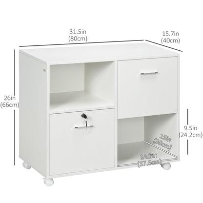Lateral File Cabinet with Drawers and Lock, Mobile Printer Stand, Filing Cabinet with Open Shelves and Wheels for Letter and A4 Size Documents, White at Gallery Canada
