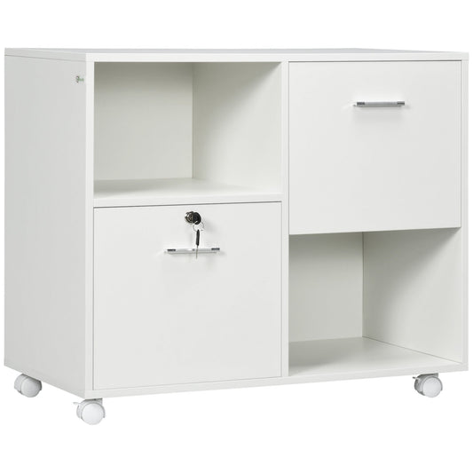 Lateral File Cabinet with Drawers and Lock, Mobile Printer Stand, Filing Cabinet with Open Shelves and Wheels for Letter and A4 Size Documents, White at Gallery Canada