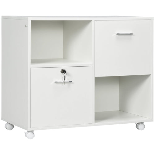 Lateral File Cabinet with Drawers and Lock, Mobile Printer Stand, Filing Cabinet with Open Shelves and Wheels for Letter and A4 Size Documents, White