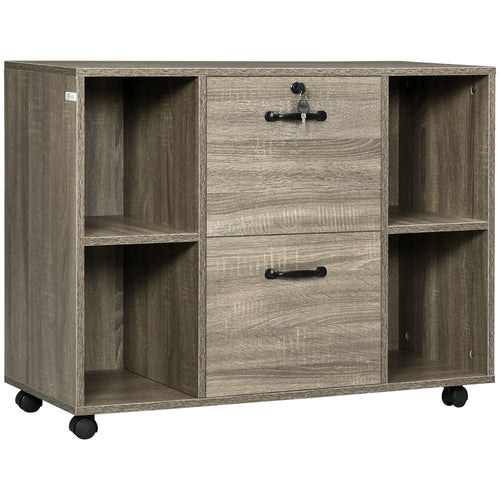 Lateral File Cabinet with Wheels and Lockable Drawer, Mobile Printer Stand, Filing Cabinet with Open Shelves for Letter and A4 Size Documents, Grey