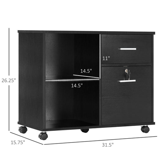 Lateral File Cabinet with Wheels, Mobile Printer Stand, Filing Cabinet with Open Shelves and Drawers for A4 Size Documents, Black - Gallery Canada