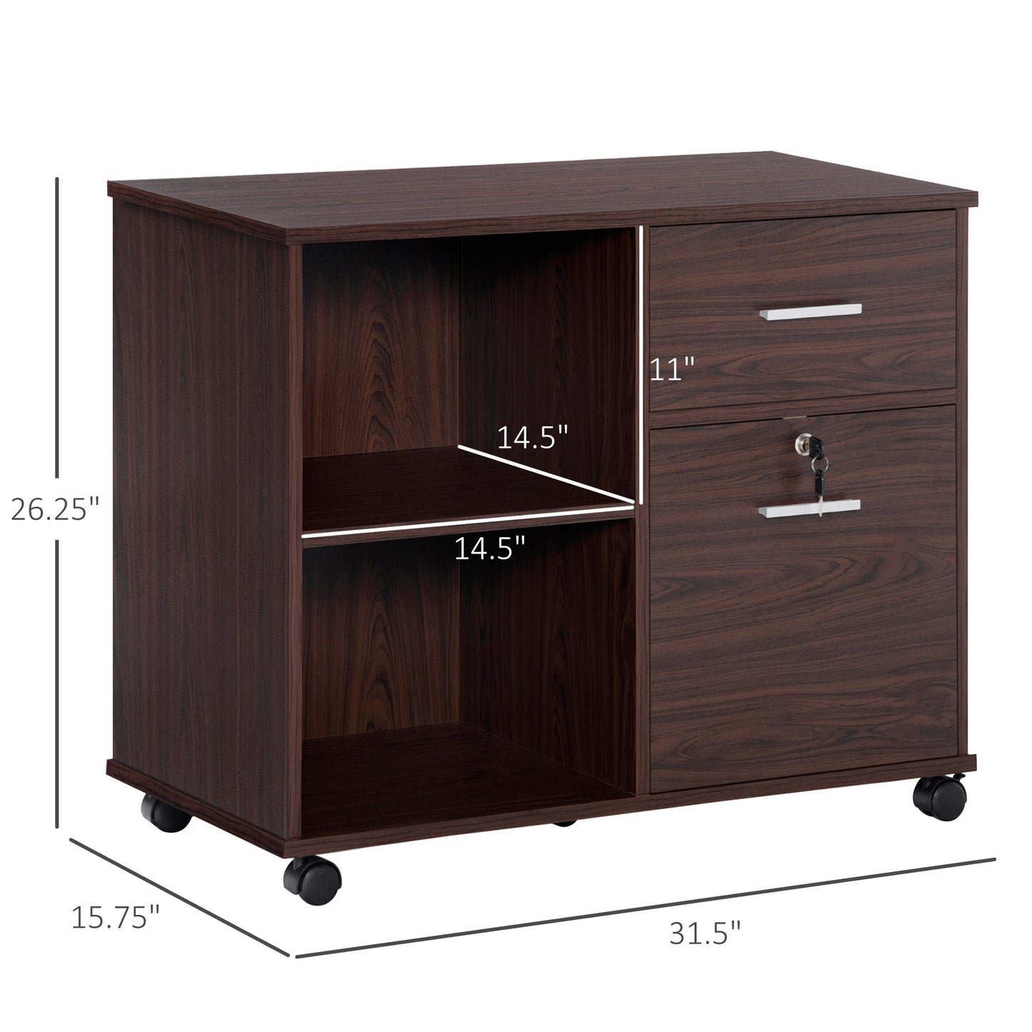 Lateral File Cabinet with Wheels, Mobile Printer Stand, Filing Cabinet with Open Shelves and Drawers for A4 Size Documents, Walnut at Gallery Canada