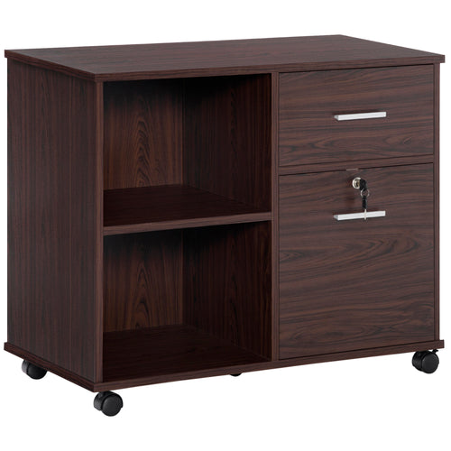 Lateral File Cabinet with Wheels, Mobile Printer Stand, Filing Cabinet with Open Shelves and Drawers for A4 Size Documents, Walnut
