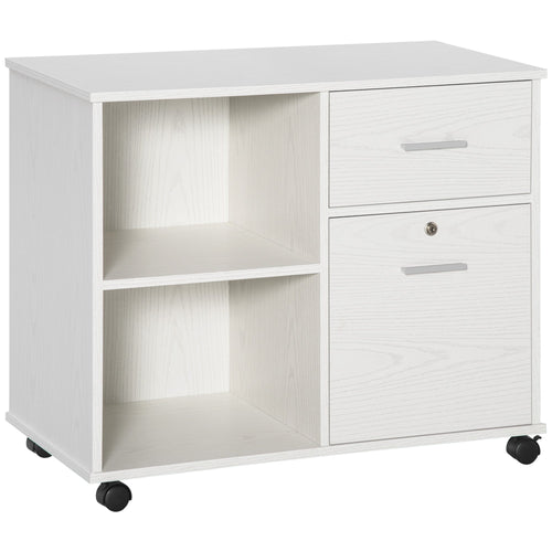 Lateral File Cabinet with Wheels, Mobile Printer Stand, Filing Cabinet with Open Shelves and Drawers for A4 Size Documents, White
