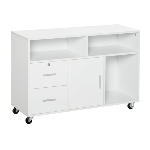 Lateral Filing Cabinet, Printer Stand Home Office Mobile File Cabinet with Wheels, Lockable Drawer, White