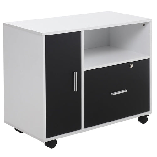 Lateral Filing Cabinet with Lockable Drawer for Hanging Legal, Letter Sized Files, Mobile Printer Stand for Home Office, Black and White