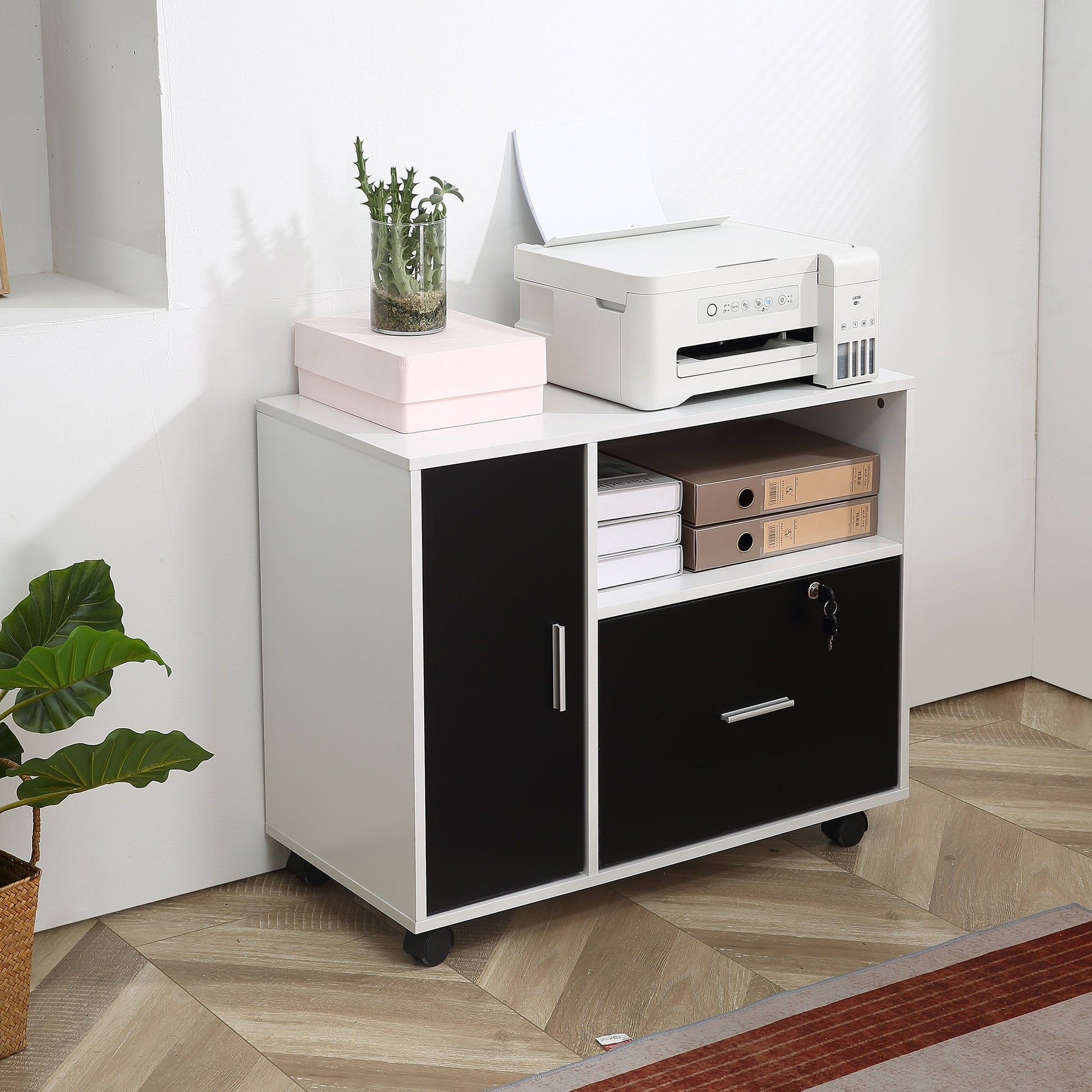Lateral Filing Cabinet with Lockable Drawer for Hanging Legal, Letter Sized Files, Mobile Printer Stand for Home Office, Black and White at Gallery Canada