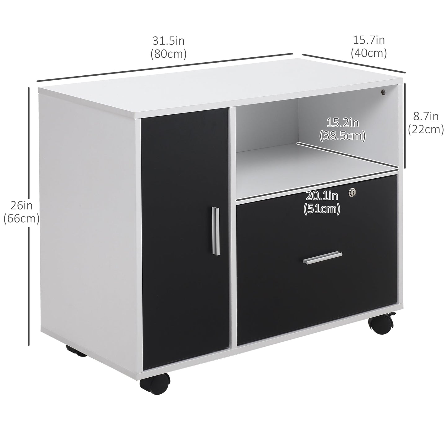 Lateral Filing Cabinet with Lockable Drawer for Hanging Legal, Letter Sized Files, Mobile Printer Stand for Home Office, Black and White at Gallery Canada