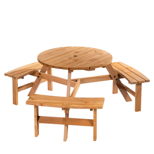 6 Person Round Picnic Table Bench Set with Umbrella Hole, Wood Patio Table with 3 Built-in Benches for Garden, Deck, Backyard, Brown - Gallery Canada