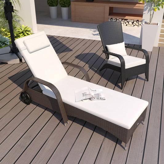 Wicker Chaise Lounge, Outdoor PE Rattan Sun Lounger, Adjustable Backrest, Mixed Brown Cream White, Brown Cream White Chaise Loungers Mixed Brown at Gallery Canada