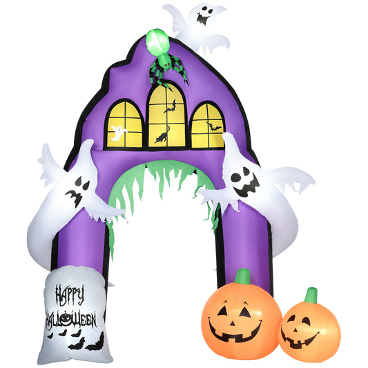 9ft Inflatable Halloween Decoration Castle Archway with Ghosts and Pumpkins, Blow-Up Outdoor LED Display for Lawn, Garden, Party