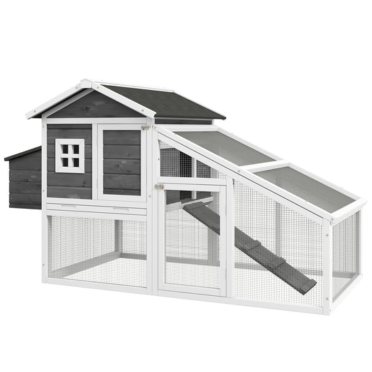 69" Wooden Chicken Coop with Run, Nesting Box, Tray, Grey