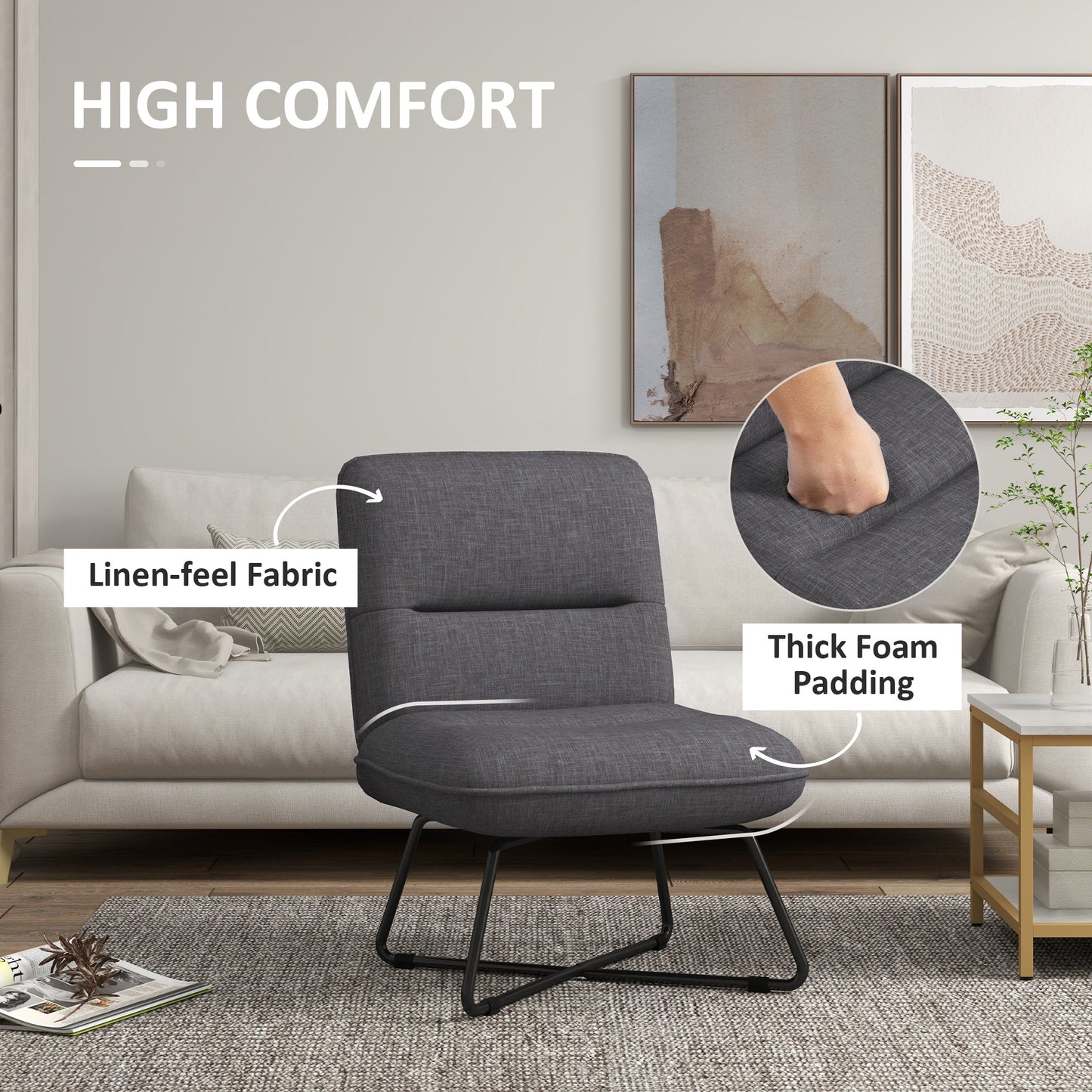 Armless Accent Chair, Upholstered Side Chair for Living Room with Crossed Steel Legs, Dark Grey - Gallery Canada