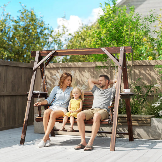 3 Seat Wooden Porch Swing With Stand, Carbonized Brown Patio Swings with Stand Carbonized Brown at Gallery Canada