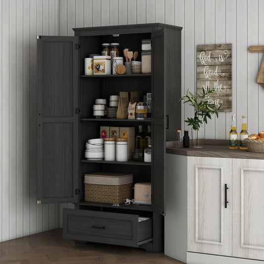 69" Tall Farmhouse Pantry Cabinet, 2 Doors, Drawer, Adjustable Shelves, Black Wood Grain, Black Kitchen Pantry Cabinets Black Wood Grain at Gallery Canada