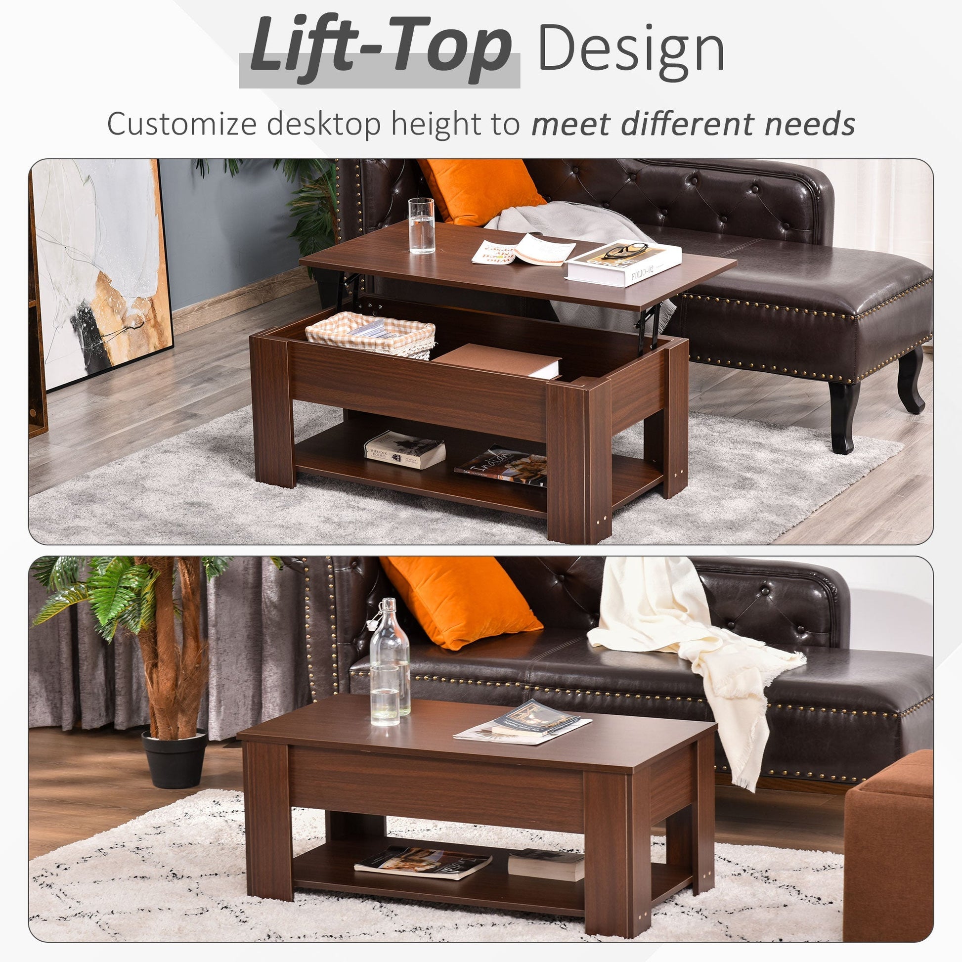Lift Top Coffee Table with Hidden Storage Compartment and Open Shelf, Center Table for Living Room, Brown at Gallery Canada