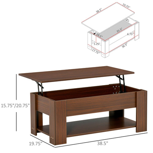 Lift Top Coffee Table with Hidden Storage Compartment and Open Shelf, Center Table for Living Room, Brown