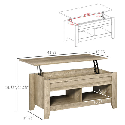 Lift Top Coffee Table with Hidden Storage Compartment and Open Shelves, Lift Tabletop Pop-Up Center Table for Living Room, Oak Effect at Gallery Canada