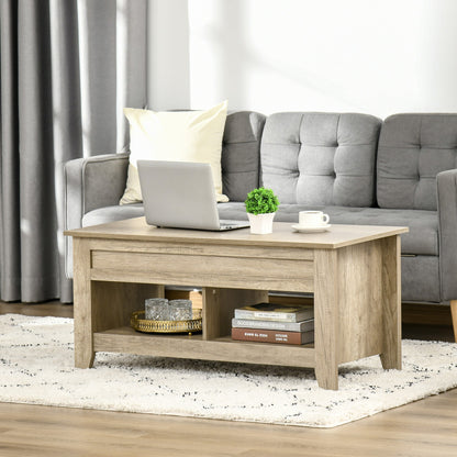 Lift Top Coffee Table with Hidden Storage Compartment and Open Shelves, Lift Tabletop Pop-Up Center Table for Living Room, Oak Effect at Gallery Canada