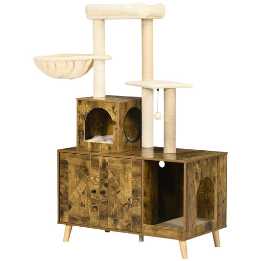 Litter Box Enclosure with Cat Tree Tower, Hidden Cat Washroom Furniture with Condo, Scratching Posts, Large Platform, Hammock and Soft Cushion, Rustic Brown - Gallery Canada