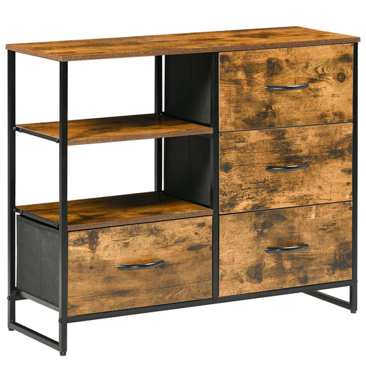 Living Room Storage Cabinet, Industrial Accent Cabinet with 4 Fabric Bins, 2 Open Shelves for Living Room, Rustic Brown at Gallery Canada