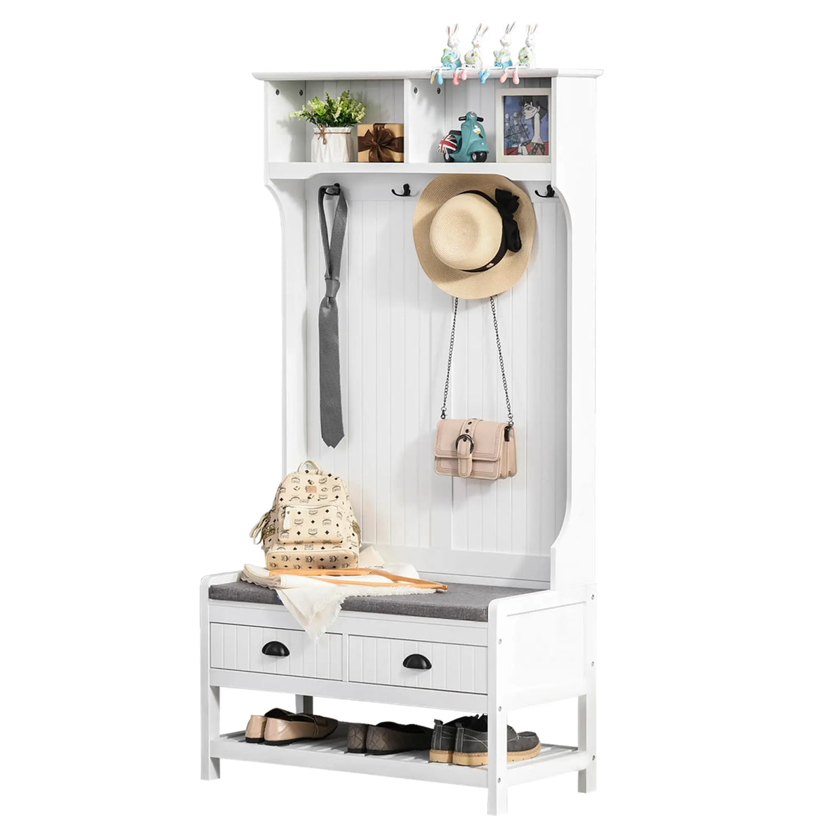 Coat Rack Shoe Bench, Entryway Storage with 4 Hooks, 2 Drawers, 2 Shelves, White Clothing Storage at Gallery Canada