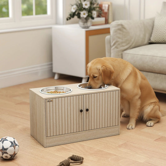 Gamelles surélevées pour chien, Mangeoire lente, 2 bols en acier inoxydable antidérapants, Chêne