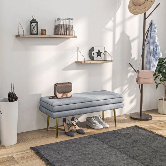 Velvet Upholstered Bench, Thick Padded Seat, Steel Legs, Dark Grey Storage Ottomans & Benches Dark Grey at Gallery Canada