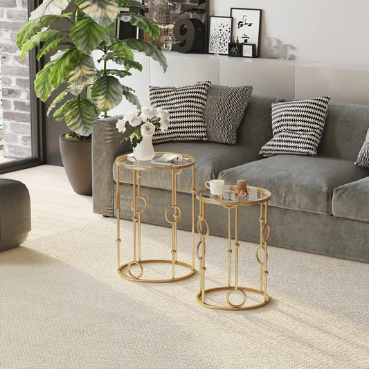 Round Coffee Tables Set of 2, Tempered Glass Top, Steel Frame, Gold Coffee Tables Gold at Gallery Canada
