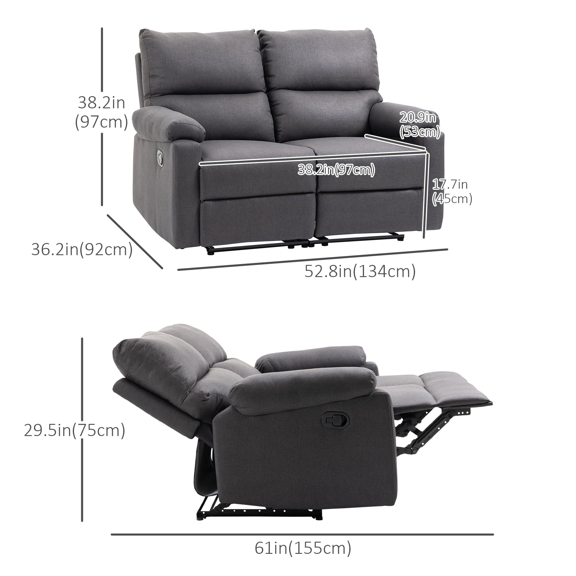 Loveseat Recliner Sofa, 2 Seater Reclining Chair with Footrest and Split Backrest, Dark Grey - Gallery Canada
