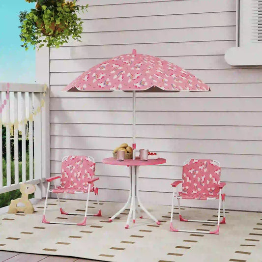 Kids Picnic Table Set, 2 Folding Chairs, Umbrella, Pink