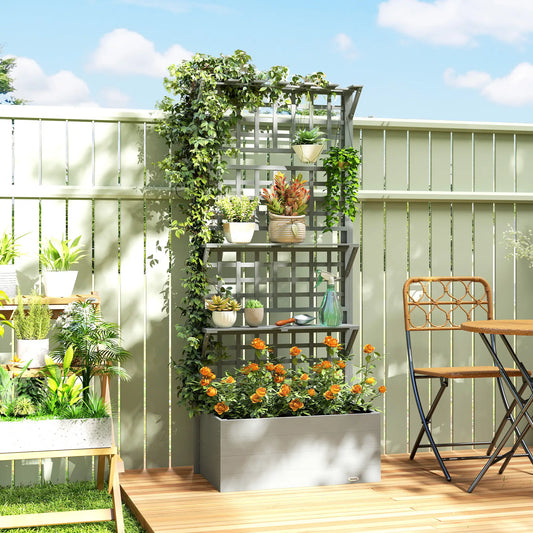 Wooden Raised Garden Bed With Trellis, Roof, 2 Shelves, Grey