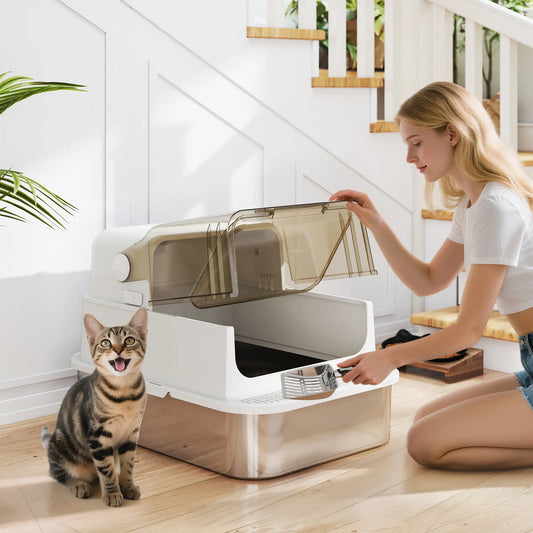 Bac à litière en acier inoxydable, boîtier facile à nettoyer, 27,6" L x 19,7" l x 18,3" H, Blanc