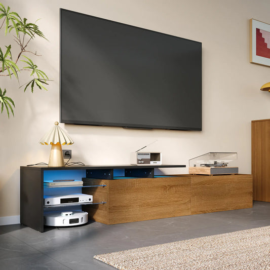 TV Stand With Glass Shelves, LED Lighting, 67" L x 13" W x 13" H, Natural, Black TV Stands Black, Natural at Gallery Canada
