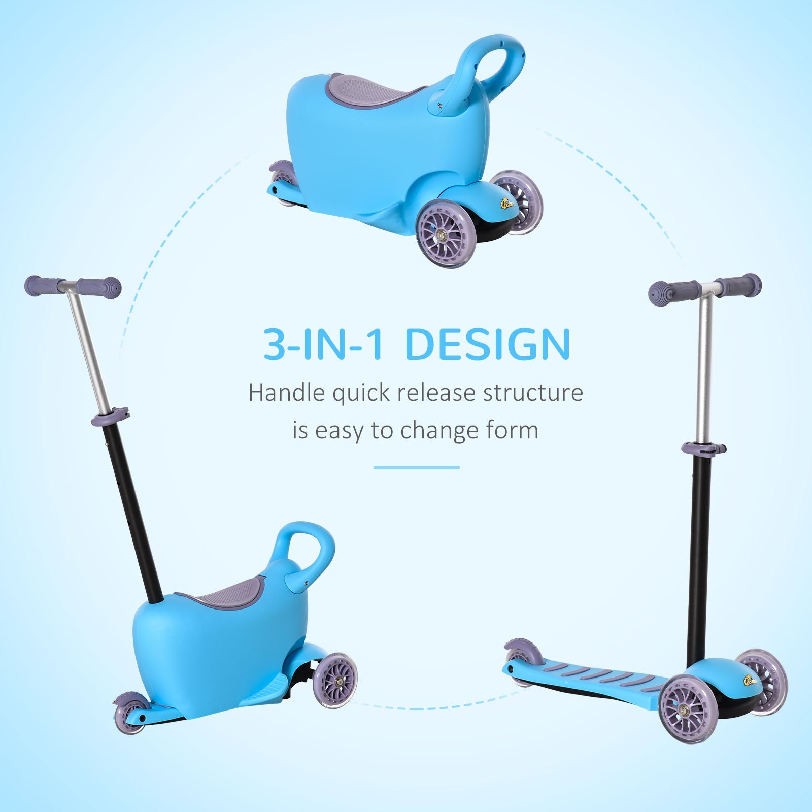 3-in-1 Kids Scooter Sliding Walker Push Car 3 Wheels Height Adjustable with Removable Storage Seat Ride on Toy for 2-6 years Light Blue at Gallery Canada