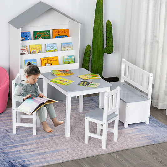 Kids Wood Table, Chair, Bench Set with Storage, 4-Piece Kids Table Sets White and Grey at Gallery Canada