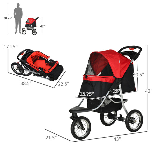 Luxury Pet Stroller Lightweight Dog Cat Travel Carriage with 3 Wheels, One-click Folding Design, Adjustable Canopy, Zippered Mesh Window Door, Red - Gallery Canada
