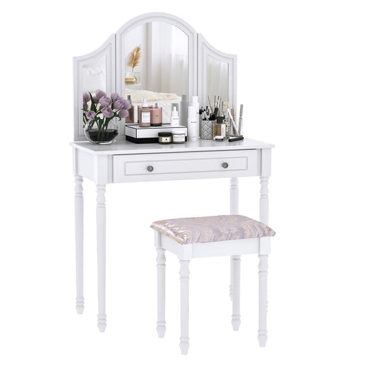 Luxury Wooden Vanity Table Set Makeup Table with Tri-Folding Mirror, Drawer and Padded Stool, White - Gallery Canada