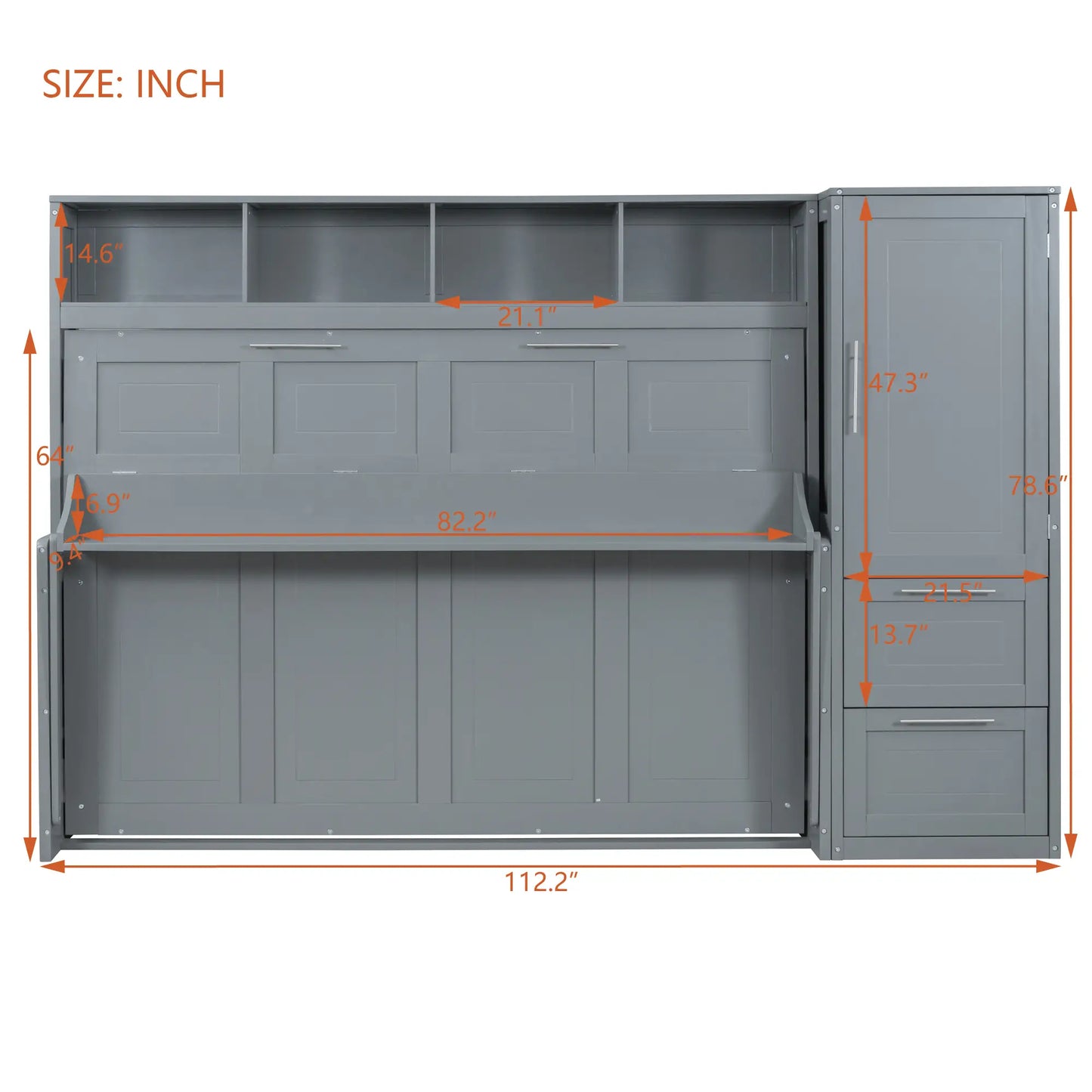 Murphy Bed with Closet, Drawers, 112" L x 21.5" W x 78.5" H, Grey Bed Frames at Gallery Canada