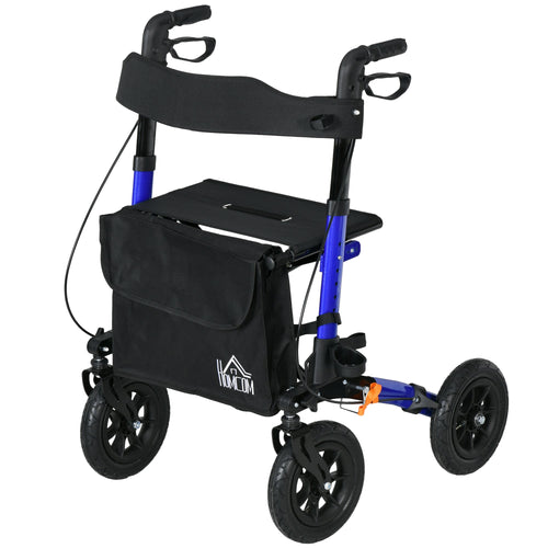 Rollator for Seniors with Seat, Rubber Wheels, Aluminum Folding Rolling Walker with Adjustable Handle, Bag, Blue