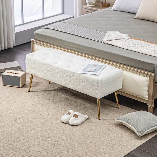 44" Lamb's Wool Upholstered Bedroom Bench, Thick Padded Cushion, Cream White Storage Ottomans & Benches Cream at Gallery Canada