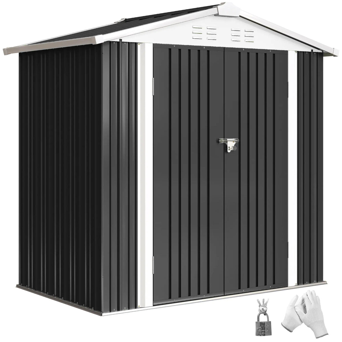 6.5' x 4' Metal Outdoor Storage Shed, Lockable Doors, 4 Vents, Dark Grey Sheds at Gallery Canada