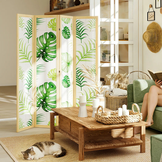 4 Panel Folding Privacy Screen, 67" Palm Leaf Design, Natural Green, Green