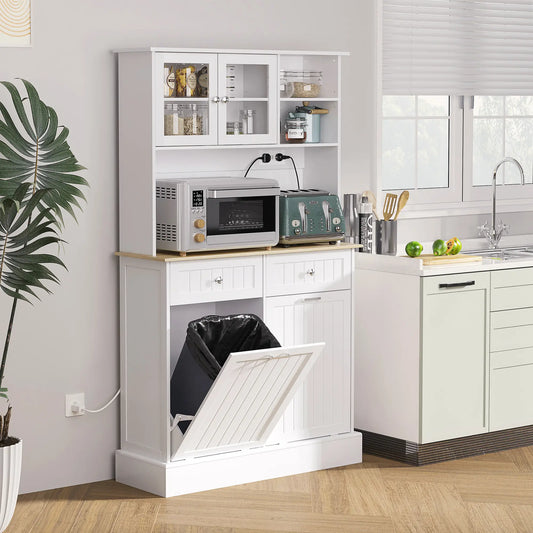 Kitchen Cabinet With Charging Station, 2 Tilt Out Cabinets, Microwave Stand, White Kitchen Pantry Cabinets White, Nature Wood at Gallery Canada