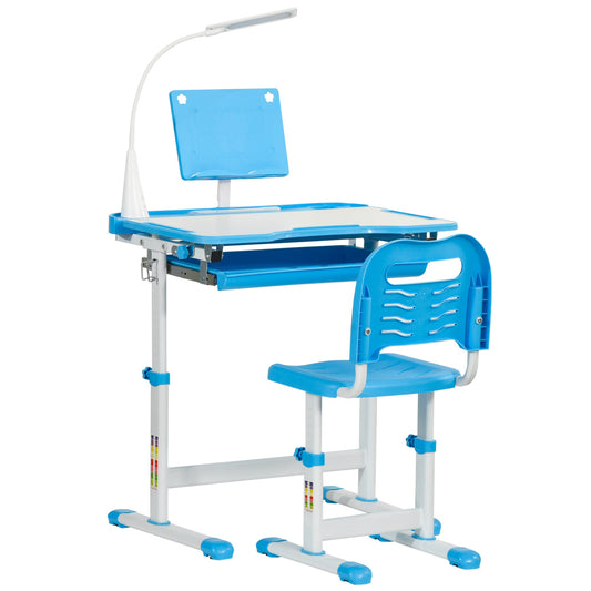 Kids Desk and Chair Set Height Adjustable Student Writing Desk Children School Study Table with Tilt Desktop, LED Lamp, Pen Box, Drawer, Reading Board, Cup Holder, Blue at Gallery Canada